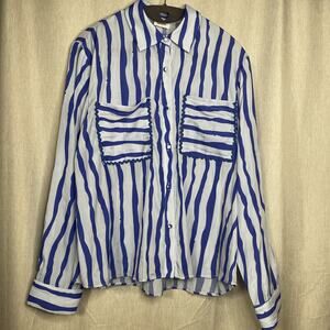 aureum - Women’s Striped Button-up Blouse - Front Pockets - Long Sleeve - M?
